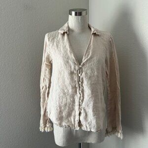Zara Linen Button Up Shirt V Neck Pomp Pom Long Sleeve Beige Minimalist S